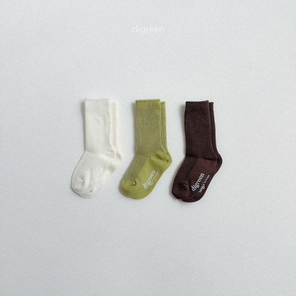 Digreen 素色坑條中筒襪 白綠咖組